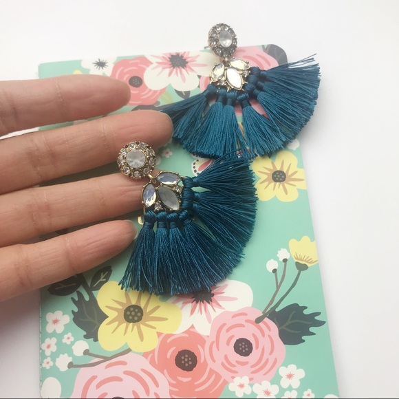 Adele | Teal Rhinestone tassel fan earring - Picture 3 of 4